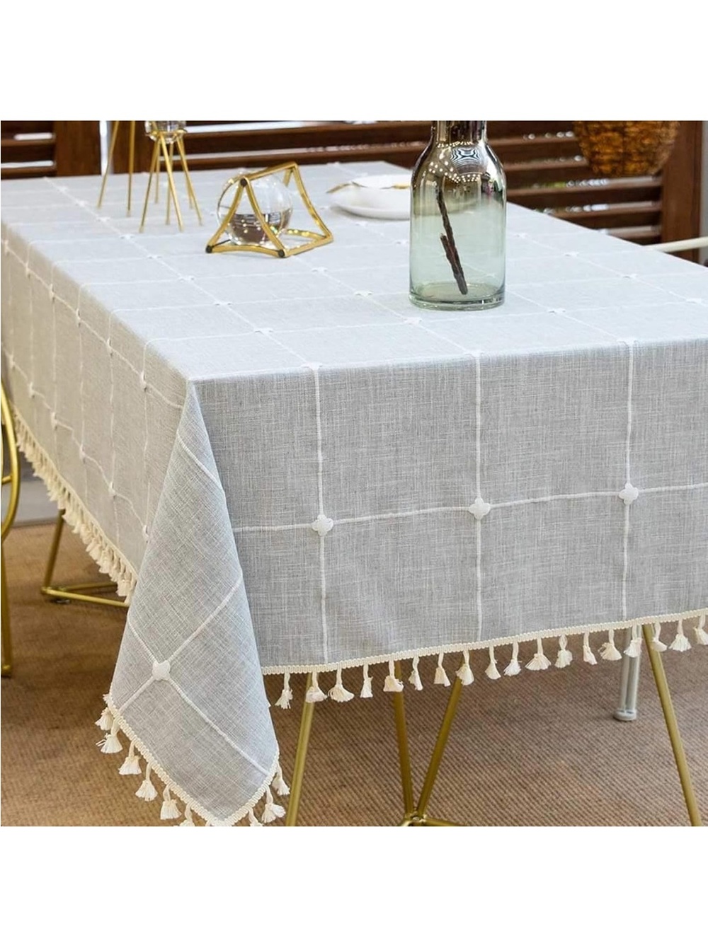 NEW Embroidered Tablecloth. Cotton-Linen Blend. Wrinkle Free. 55” square. Gray